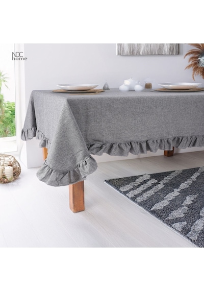 Dnc Home Tekstil  Gri Antrasit Keten Fırfırlı Masa Örtüsü Gri Antrasit