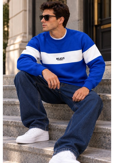Tarz Cool Erkek Şerit Detaylı Believe Baskılı 3 İplik Şardonlu Bisiklet Yaka Sweatshirt Saks Mavi