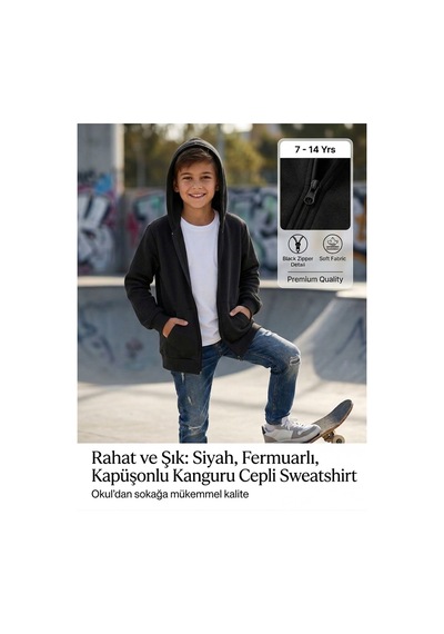 Erdem Kıds Unisex Kız Erkek Çocuk Basic 3 İplik Şardonsuz Fermuarlı Kanguru Cepli Kapüşonlu Pamuk Sweatshirt Hırka Siyah Siyah