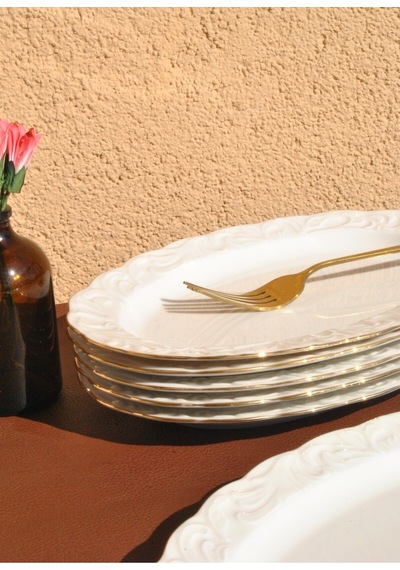 6 Adet Porselen Yaldızlı Orta Boy Kayık Tabak 23 Cm Meze Sunum Tabağı Gold