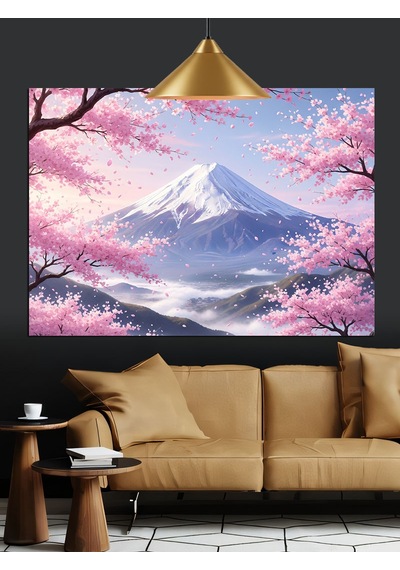Japon Kiraz Çiçekleri Fuji Dağı Dekoratif Kanvas - Mdf Ahşap Tablo