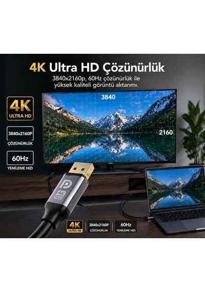 3 Metre Displayport 1.2 Premium 4k Uhd Kablo - 21.6gbps Hız, 4k 60hz, 2k 165hz, 1080p, Ultra Hd, Displayport 1.2 Uyumlu, Derin Renk Desteği Zr836 3 Metre