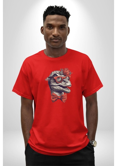 Kırmızı Gözlük Papyon Dinazor Pamuklu Bisiklet Yaka Unisex Oversize Boyfriend Dijital Baskılı Kırmızı T-shirt Kırmızı
