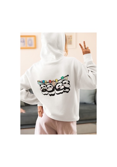 Stil X Sevimli Pandalar Baskılı Kadın Sweatshirt Beyaz-1