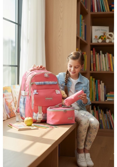 Rlx-1396 3'lü Set Çocuk İlkokul Çantası Kalemlikli Beslenme Çantalı Sırt Çantası Pembe Çok Renkli