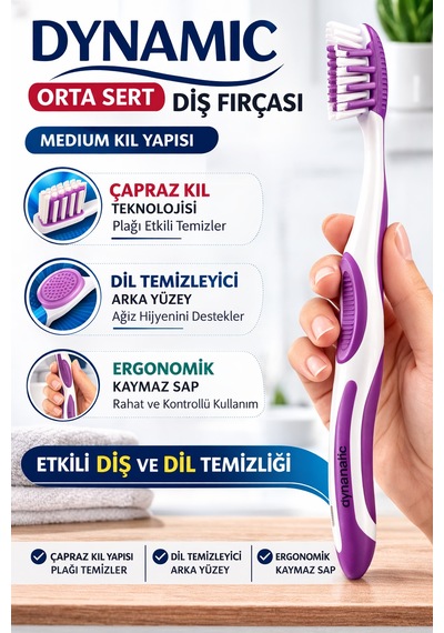 Dynamic Orta Sert Diş Fırçası Medium Çapraz Kıl Yapılı Dil Temizleyicili Ergonomik Diş Fırçası 1 Adet