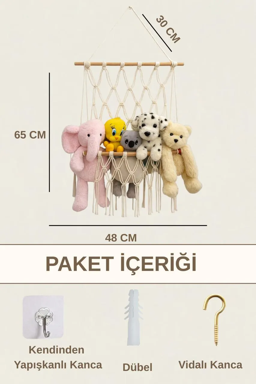 Makrome Ahşap Oyuncak Düzenleyici Duvar Askılığı 000 Açık Krem