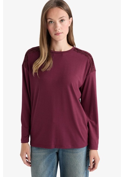 Defacto Regular Fit Bisiklet Yaka Uzun Kollu Tişört E9905ax25aubr115 Bordo