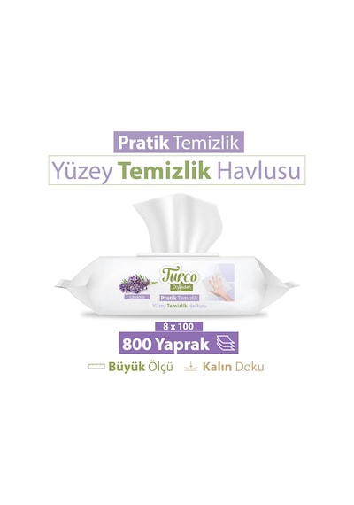 Baby Turco Doğadan Pratik Yüzey Temizlik Havlusu Lavanta 8 x 100 (800 Yaprak)