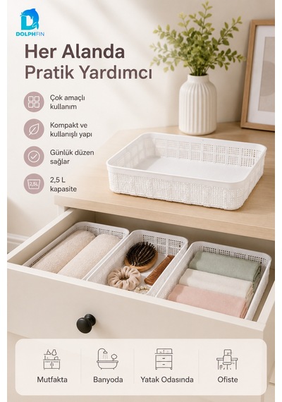 Jute Çok Amaçlı Sepet 2,5 L Mutfak Banyo Dolap İçi Saklama Organizeri 25x19x6,5 Cm beyaz