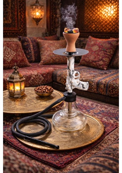 Modern Cam Nargile Takımı 55 Cm Şeffaf Taban 19 Cm Seramik Lüleli, Kalın Hortumlu Premium Nargile Seti
