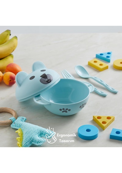 Flybee Afacan Ayı Dodo Eğlenceli Mama Kasesi, Mama Kabı, Beslenme Kabı, Çatal Ve Kaşık Seti Yeşil