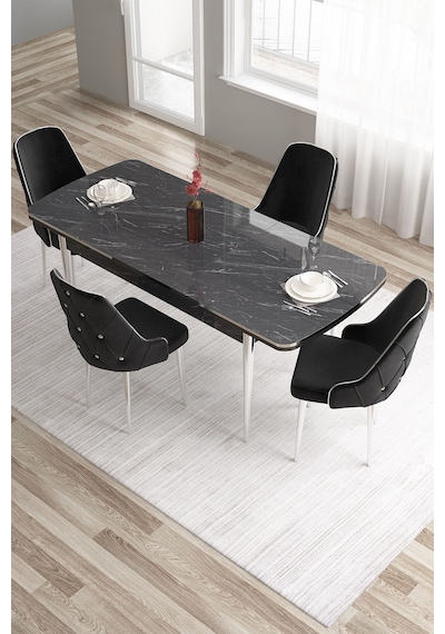 Canisa Tia Serisi, Siyah Mermer Desen 80x132 Açılabilir Mdf Yemek Odası Takımı 4 Siyah Sandalye Gümüş Detay Masa Siyah Mermer Desen Sandalye Siyah Canisa Tia Serisi, Siyah Mermer Desen 80x132 Açılabilir Mdf Yemek Odası Takımı 4 Siyah Sandalye Gümüş Detay Masa Siyah Mermer Desen Sandalye Siyah