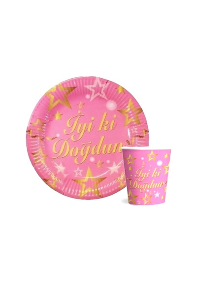 Karton Tabak Bardak Set İyi Ki Doğdun 8li Pembe