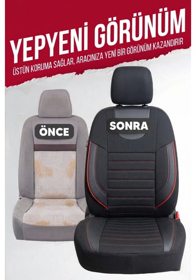 Nemrut Serisi Lakost Kumaş Universal Oto Koltuk Kılıfı Tam Set Siyah-Kırmızı