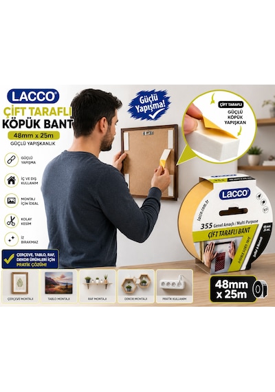 Lacco Çift Taraflı Köpük Bant 48 Mm X 25 M Güçlü Yapışkanlı Montaj Bandı Çok Amaçlı Beyaz 1 Adet