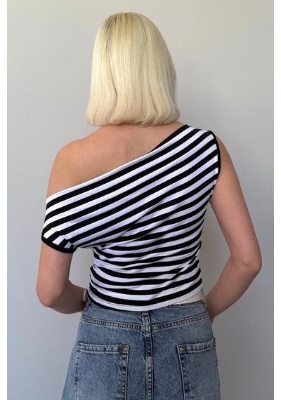 Madmext Siyah Düşük Omuz Çizgili Bluz Mg2467