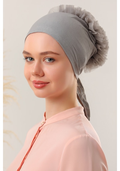Melodi Scarf Kadın Tesettür Önü Dikişsiz Fırfırlı Penye Bone Gri