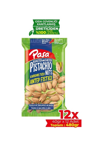 Kavrulmuş Tuzlu Antep Fıstığı, 40gr X 12 Paket, Toplam 480gr 0.75 LT - 2.5 LT - 12 KG