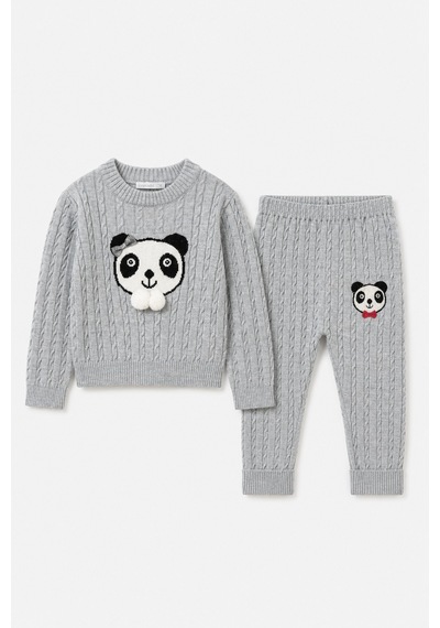 Babyhola 1-5 Yaş Kız Çocuk Panda Desenli Saç Örgü Kışlık Triko Takım 23217 Gri