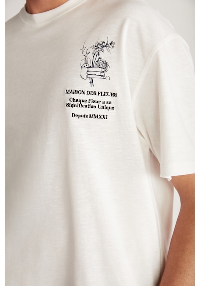 Grımelange Alonzo Erkek Oversize Fit %100 Pamuk Nakışlı Ve Baskılı Ekru T-shirt Ekru