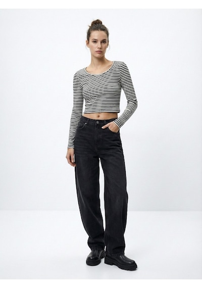 LTB Uzun Kollu Bisiklet Yaka Crop Siyah Sweatshırt Karışık