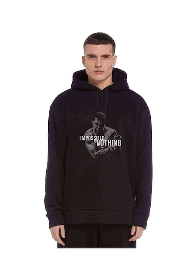 Muhammed Ali Typography Boks Baskılı Siyah Erkek Örme Sweatshirt