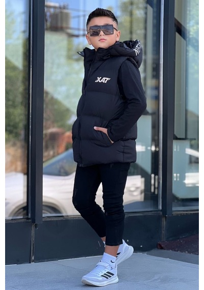 Pina Kids Erkek Çocuk Baskılı Çıkarılabilir Kapüşonlu Şişme Yelek 3017 Siyah