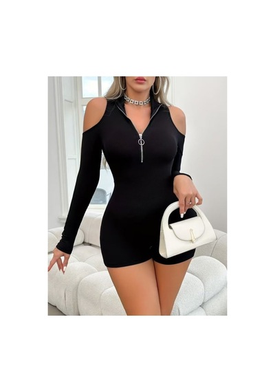 Butik İstanbul Kadın Omuzlardan Açık Uzun Kollu Yakadan Fermuarlı Kaşkorse Kısa Şort Tulum Siyah