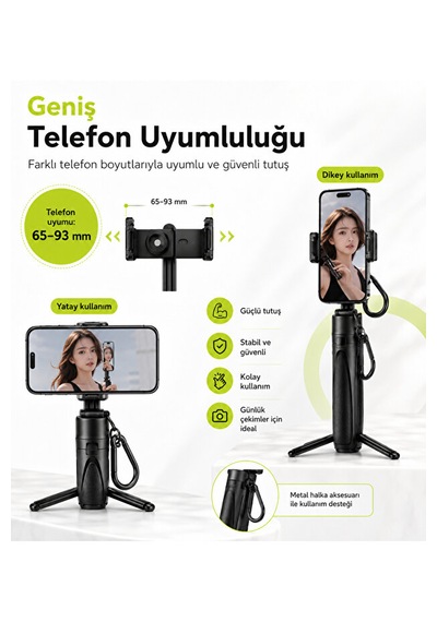 Bluetooth 5.2 Selfie Çubuğu Ve Tripod 47,5 Cm Teleskopik Uzaktan Kumandalı