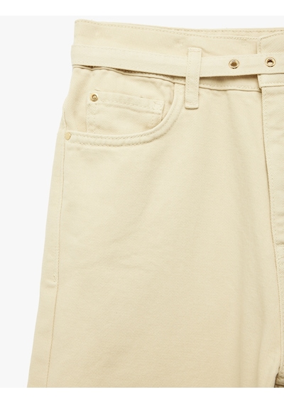Koton Pamuklu Yüksek Bel Kemerli Geniş Paça Pantolon - Wide Leg Jeans Ekru 6sal40060mw