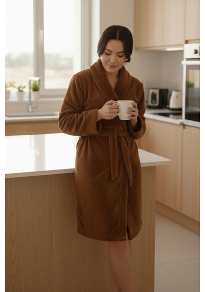 Mislina Home Lumor Şal Yaka Wellsoft Peluş Yumuşak Sabahlık Kahverengi Kahverengi