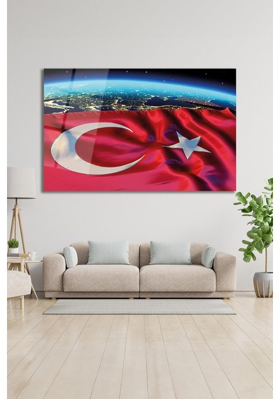 Soyut Türk Bayrağı Cam Tablo Modern Ofis Makam Odası Hediyelik Büyük Tablo Duvar Dekoru
