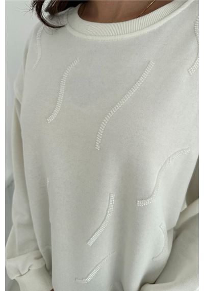 Femelle Kadın Beyaz Boncuk İşlemeli %100 Pamuk Sweatshirt