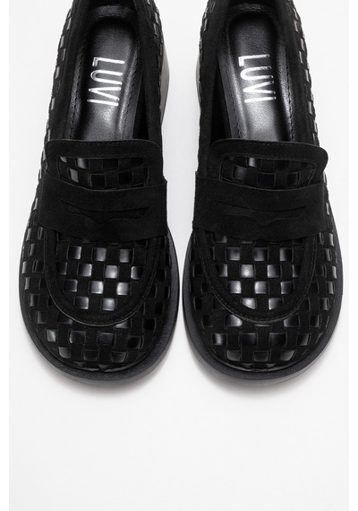 Luvishoes Luvi Shoes Marlon Siyah Örgülü Kadın Kalın Topuklu Loafer Ayakkabı Siyah