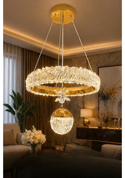 Kumandalı 3 Renk Işıklı Modern Sarkıt Led Avize Krom Kasa Salon,oda ,mutfak ,hol Gold 1