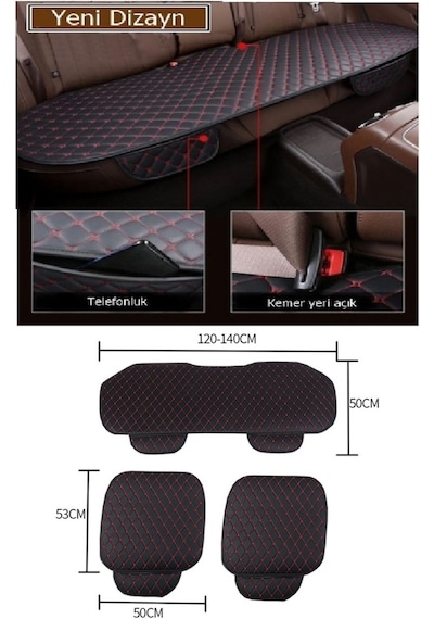 Oto Koltuk Minderi Üçlü Set / Lüks Kapitone Siyah Deri & Kırmızı Nakışlı / Tüm Araçlar Için
