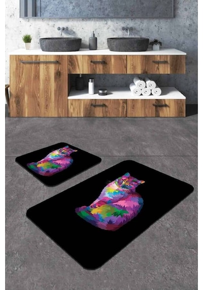 Siyah Kedi Desenli Banyo Halısı Klozet Paspas Seti Bs257n11