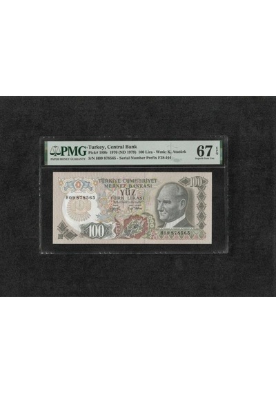 Türk Lirası Pmg 67 Epq Superb Gem Unc 100 Lira P 189b 1970 Nd 1979 S/n H09 6. Emisyon 2. Tertip