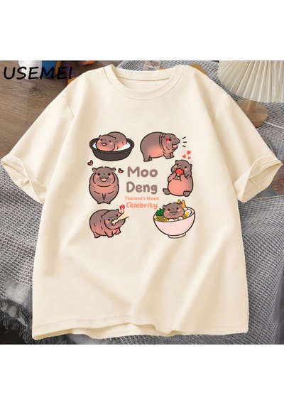 Flood Of Style Tayland Yılında Moo Deng Bouncy Domuz Bebek Hippo Khao Kheow Açık Hayvanat Bahçesi T-shirt Ko Haki