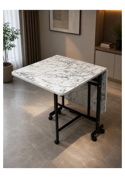 Çok Amaçlı Açılır Katlanır Ahşap Kelebek Masa Beyaz Mermer 60x120