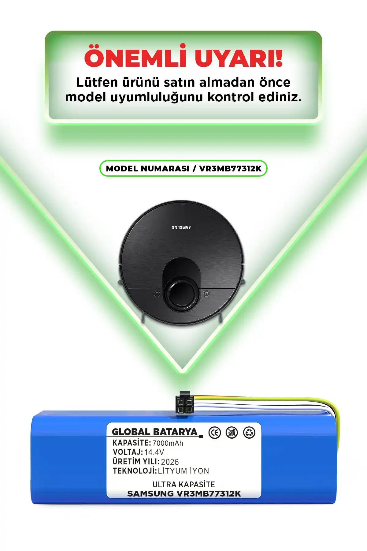 Samsung Vr3mb77312k Uyumlu Robot Süpürge Bataryası 14.4v 7000mah Li-ion Pil Ultra Kapasite