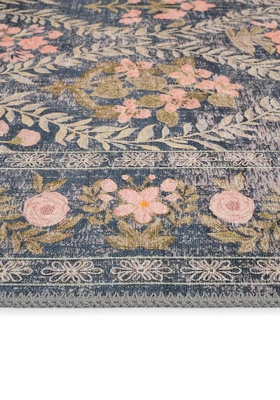 Cool Halı Daisy Kömür Mavi Bohem Halı Yıkanan Çiçek Desenli Dokuma Şönil Halı Otantik Vintage Halı