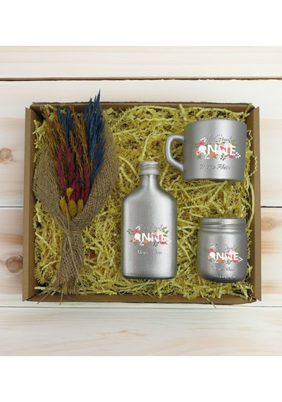 Bk Gift Kişiye Özel İsimli Dtf Anne Temalı Gümüş Kahve Fincanı & Kolonya & Mum & El Yapımı Kuru Çiçek Buketi Hediye Seti-1, Anneye Hediye, Anneler Gün