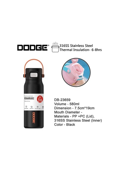 Dodge Çelik Termos Matara 580ml Siyah Siyah