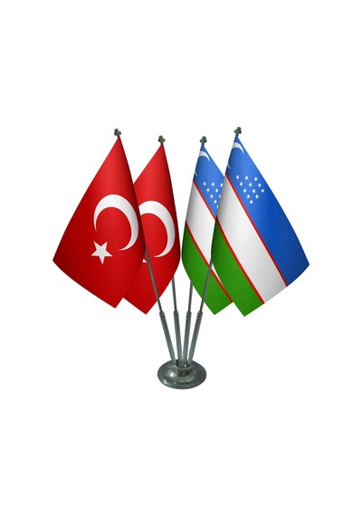 Masa Üstü Özbekistan Bayrağı Türk Bayrağı Dörtlü Krom Direk Masa