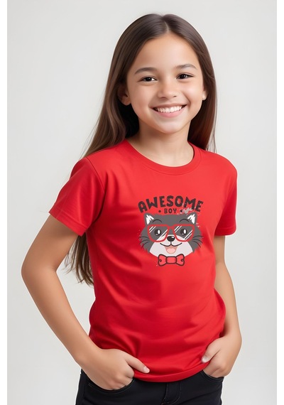 Fyk Kids Kız Çocuk Basic Awesome Boy Baskılı T-shirt Kırmızı