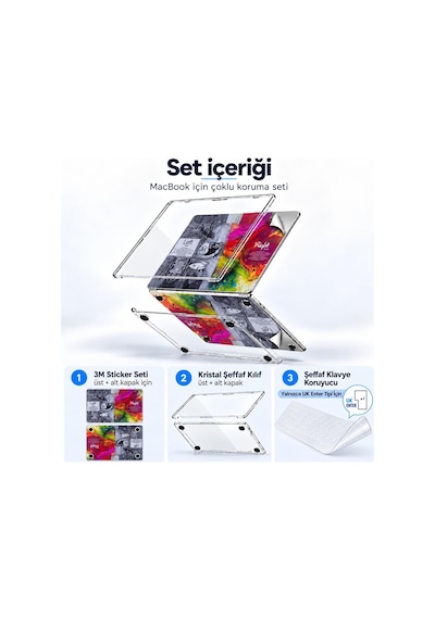 Macbook Pro 13 İnç Kristal Parlak Şeffaf Sert Kılıf Hard Case A2338 M1 M2 A2251 A2289 Uyumlu + Beyin Desenli 3m Sticker + Şeffaf Klavye Koruyucu 3'lü Set Gri Belirtilmemiş