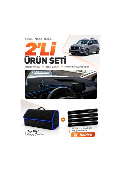 Nissan Townstar 2025-sonrası Uyumlu Torpido Örtüsü + Tay Tüyü Bagaj Çantası + Sticker - Siyah Mavi