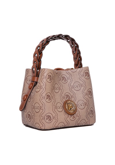 Levidor Monogram Baskılı Örme Kulp Detaylı Küçük Boy Kadın El Çantası Camel